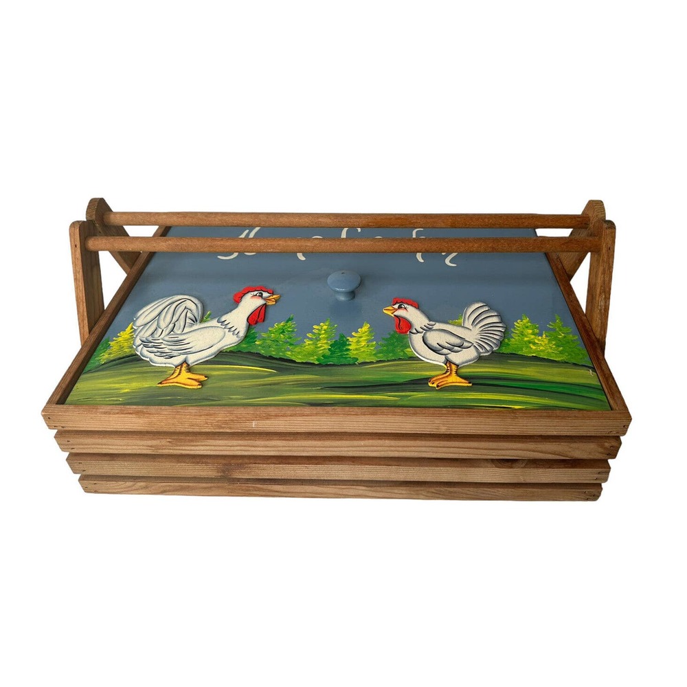 Vintage Handpainted Wooden Box Home Cookin' Roosters w/Handles Farmhouse 17x12"